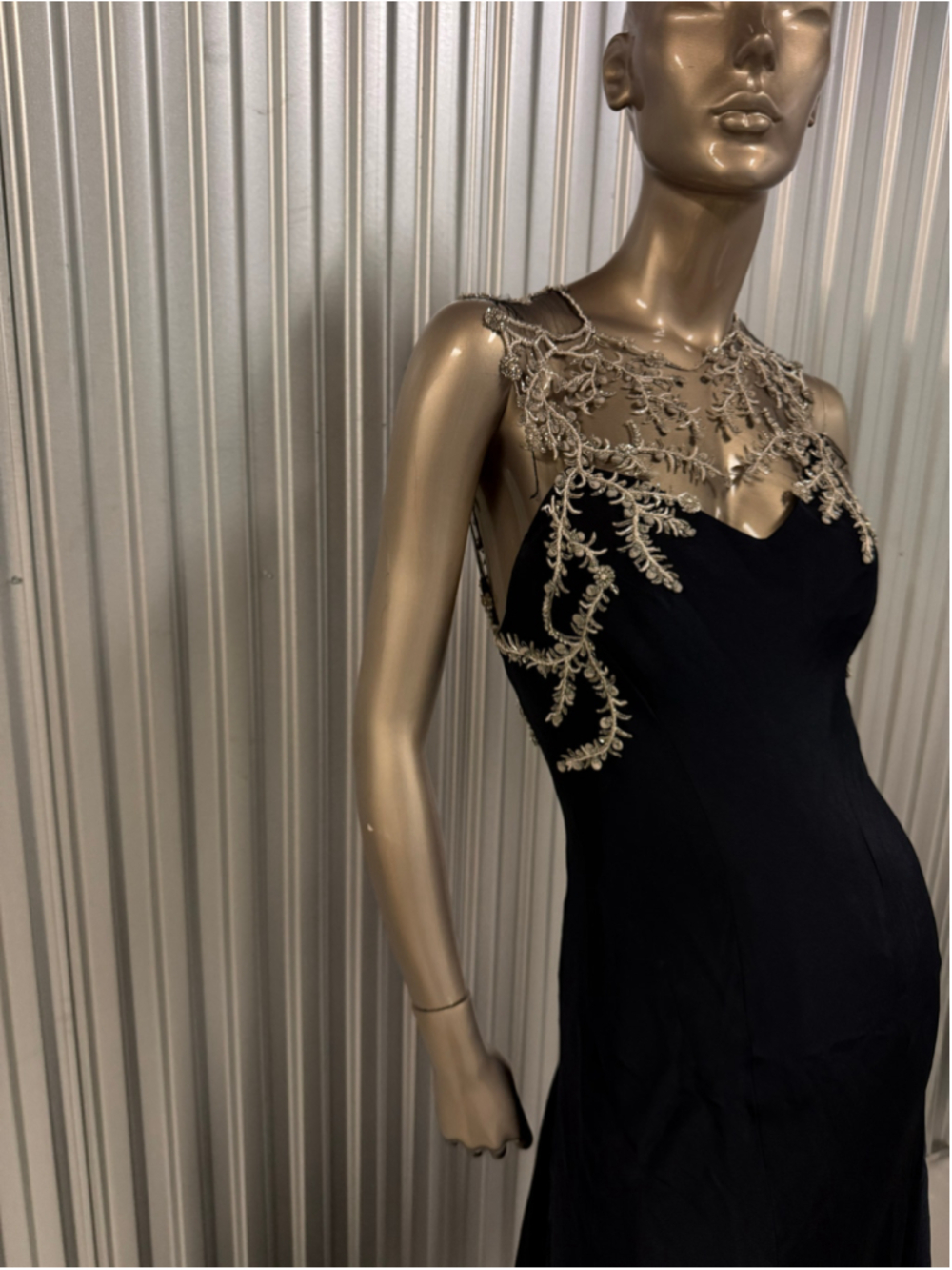 Anna Maier Couture Navy Blue Formal Gown | Silver Embroidered Illusion Bodice | - Picture 8 of 17